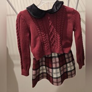 Cable Knit Burgundy Sweater with Plaid Skirt